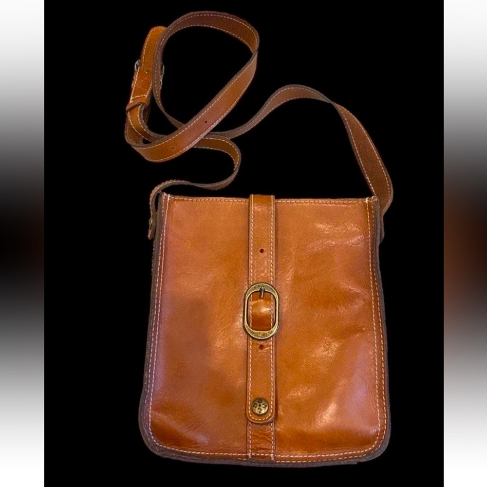 Patricia Nash Heritage Brown Leather Venezia Crossbody Buckle Saddle Bag Pouch